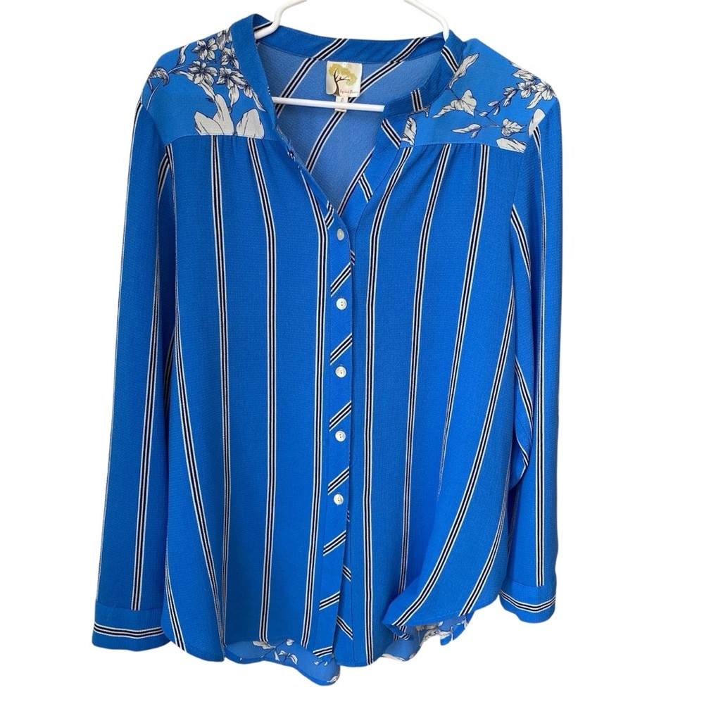 Fig and Flower Floral Stripe Top Women’s Large Blue Button Up Cottagecore Beach
